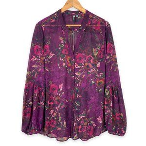 Kut from the Kloth Sheer Floral Button Up Blouse Size Large Balloon Sleeve